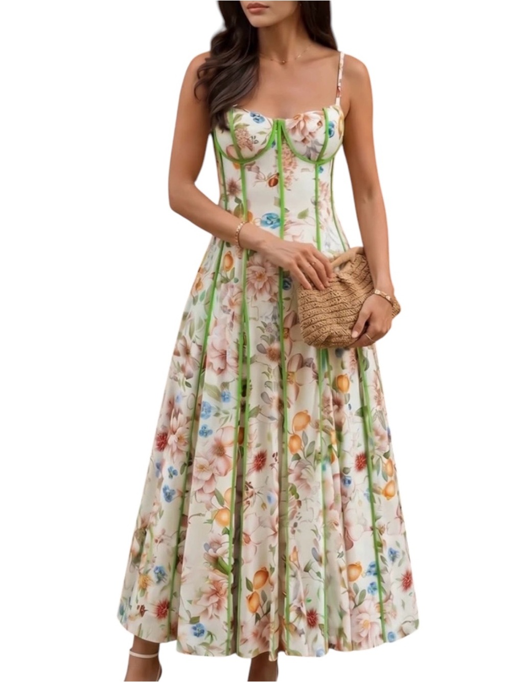 Commense Corset Seam Floral Print Swing Midi Maxi Dress Small NWT